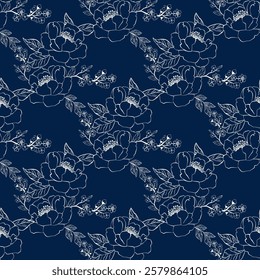 Vintage floral seamless pattern in dark blue background. Flower motifs cream hand drawn outline. Design for wrapping paper, wallpaper, background, fabric, textile. hand drawn outline