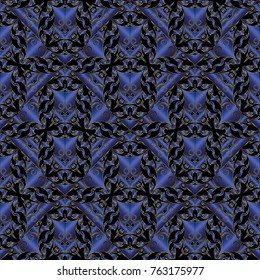 Vintage floral seamless pattern. Dark blue vector 3d background. Damask flowers, swirls, leaves, lines and antique ornaments in baroque style. Surface texture. Design for wallpapers, fabric, prints.