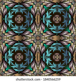 Vintage floral seamless pattern. Decorative vector colorful background. Repeat beautiful backdrop. Symmetrical grunge ornament. Abstract flowers, leaves, lines, swirls, shapes. For fabric, wallpapers.