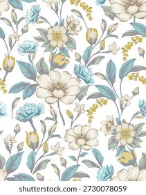 Padrão sem emenda floral vintage com flores e folhas delicadas da aquarela no fundo da cor do marfim, ilustração desenhada à mão para têxteis ou papéis de parede, padrão nostálgico.