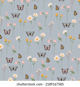 Vintage floral seamless pattern with different flowers and butterflies on a blue background. Beautiful background for fabric wrapping and other surfaces in vector.