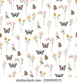 Vintage floral seamless pattern with different plants flowers and butterflies on a white background. Beautiful background for fabric wrapping and other surfaces in vector.