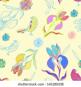 Diseño floral vintage sin fisuras con flores de iris de doodle y pájaros.  Ilustración vectorial