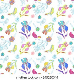 Vintage floral seamless pattern with doodle iris flowers and birds. Vector Illustration