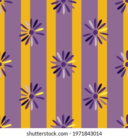 Vintage floral seamless pattern with doodle geometric ditsy flower ornament. Yellow and purple striped background. Stock illustration. Vector design for textile, fabric, giftwrap, wallpapers.