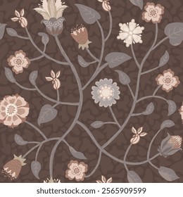 Vintage floral seamless pattern in earthy tones on dark textured background.