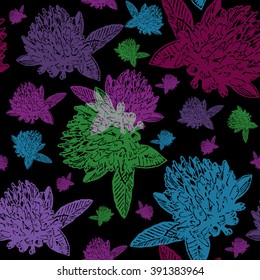 Vintage floral seamless pattern with engraved colourful clovers on dark background