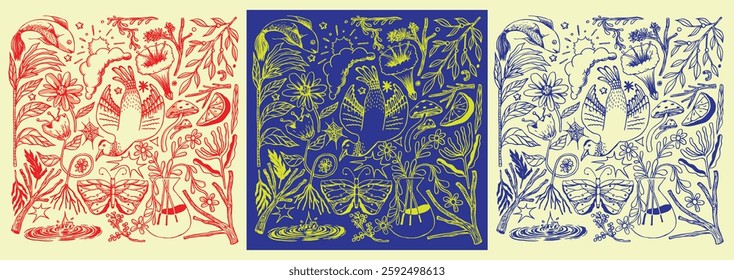 Vintage Floral Seamless Pattern Featuring Birds and Butterflies: Three Alternative Coloring Botanical Illustration in Engraving Style - Enchanted Garden Design