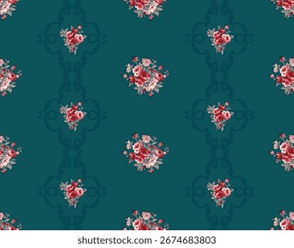 Patrón sin fisuras floral de Antiguas con elegantes rosas rojas enmarcadas por adornados motivos barrocos dorados sobre un fondo verde azulado profundo. Diseño lujoso y romántico, ideal para tela, Fondo de pantalla, invitaciones, g