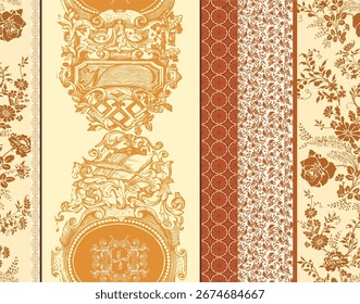 Vintage floral seamless pattern featuring elegant red roses framed by ornate golden baroque motifs on a deep teal background. Luxurious and romantic design, ideal for fabric, wallpaper, invitations