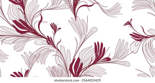 Vintage floral seamless pattern with fine lines and soft maroon color. Elegant and feminine design, creating a romantic and serene atmosphere. Vector illustration