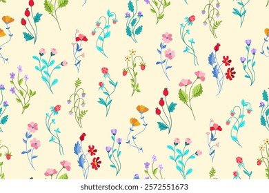 Vintage floral seamless pattern flowers berries branch. Hand drawn folk rustic botanical herbal trendy boundless background. Rural endless design paper print, fabric textile, wrapper backdrop template