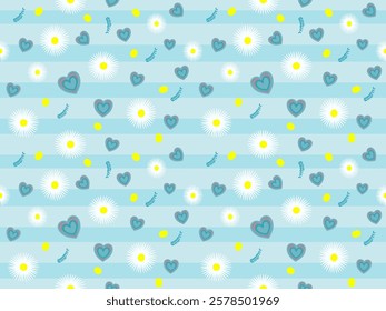 Vintage floral seamless pattern with flowers and geometric design and heart, vintage spring design, cute vintage fabric pattern, wrapping paper pattern, sweet colors.
