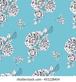 Vintage floral seamless pattern with flowers of roses and peony on blue. Hand drawn floral illustration in retro style for print, fabric, card and other seamless design.