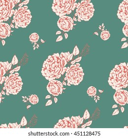 Vintage floral seamless pattern with flowers of roses and peony.White on green.  Hand drawn floral illustration in retro style for print, fabric, card and other seamless design.