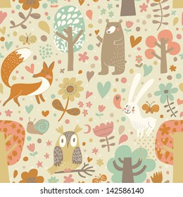 Vintage floral seamless pattern with forest animals: bear, fox, owl, rabbit. Vector background with butterflies, snail, trees and flowers.