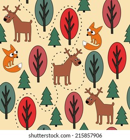 Patrón inoxidable floral vintage con animales forestales: zorro, ciervo. Ilustración vectorial. Fondo bonito.