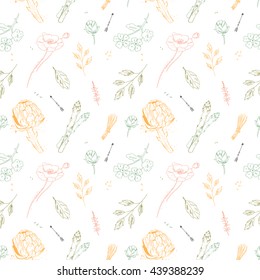 Vintage floral seamless pattern. Fresh organic food. Flower vintage nature background. Hand-drawn sketch of colorful greens.