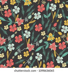 Vintage floral seamless pattern. Hand drawn flowers and leaves. Dark background. Colorful vector illustration.