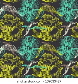 Vintage floral seamless pattern. Hand drawn illustration of orchid	