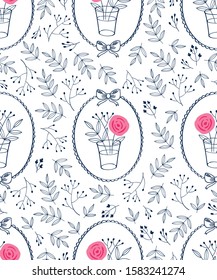 Vintage floral seamless pattern with hand drawn frames, pink flowers and leaves for textile, wallpapers, gift wrap and scrapbook. White background. Vector illustration.