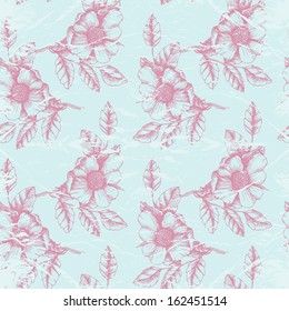 Vintage floral seamless pattern with hand drawn dog roses. Vector illustration.