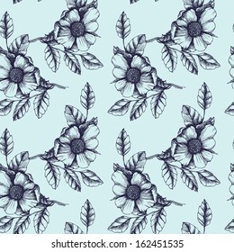 Vintage floral seamless pattern with hand drawn dog roses. Vector illustration.