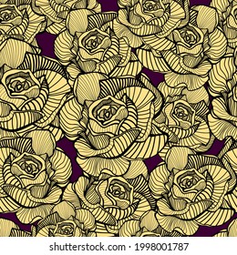 Vintage floral seamless pattern with hand drawn, line art roses Yellow floral background, texture. Abstract trendy roses print. Vector stock illustration.