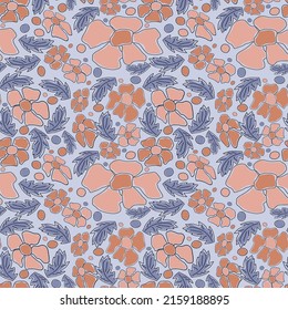 Vintage floral seamless pattern. Hand drawing. Pink coral flowers and dark leaves with a black stroke are randomly arranged against a light background. Vector.