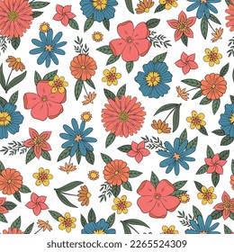 vintage floral seamless pattern with hand drawn groovy elements on white background. 70s textile print, fashion, wallpaper, scrapbooking, stationary, bedding, etc. EPS 10