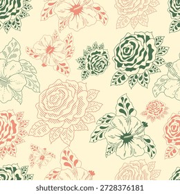 Patrón sin fisuras florales de Antiguas. Fondo de flores de rosa e hibisco dibujado a mano. Perfecto para el diseño de telas, scrapbooking, invitaciones de boda y fondos de Sitio web.
