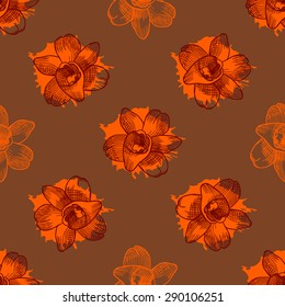 Vintage floral seamless pattern with hand drawn orange orchids. Vector illustration
