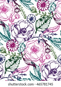 Vintage floral seamless pattern with hand drawn flowers. Vector illustration