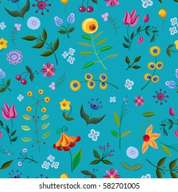 Vintage floral seamless pattern. Hand drawn abstract fancy flowers. Summer blooming ornament. Azure background. Repeatable backdrop. Watercolor painting imitation vector illustration.