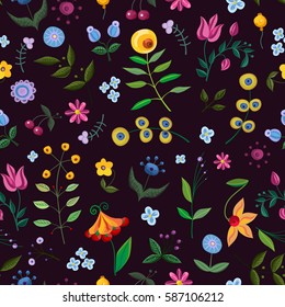 Vintage floral seamless pattern. Hand drawn abstract fancy flowers. Summer blooming ornament. Dark background. Repeatable backdrop. Watercolor painting imitation vector illustration.