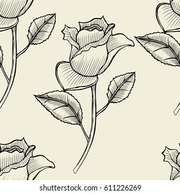 Vintage floral seamless pattern with hand drawn roses