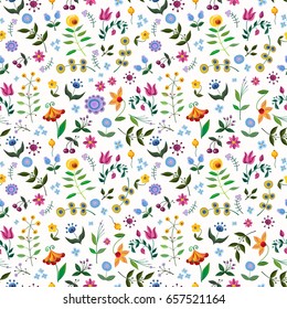 Vintage floral seamless pattern. Hand drawn abstract fancy flowers. Folk painting style. Summer blooming ornament. White background. Repeatable backdrop. Watercolor imitation vector illustration.