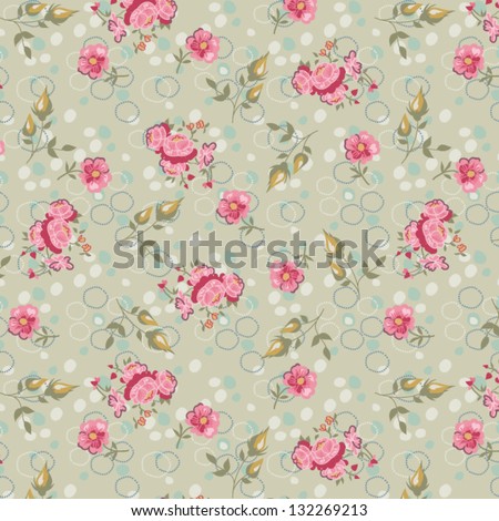Vintage Floral Seamless Pattern - Hand drawn tiling neutral pattern, with tiny roses and buds on a neutral background