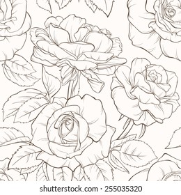 Vintage floral seamless pattern with hand-drawn rose flowers. Element for design. Hand-drawn contour lines and strokes.