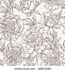 Vintage floral seamless pattern with hand-drawn peony flowers. Element for design. Hand-drawn contour lines and strokes.