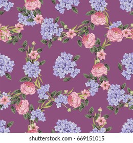 Vintage Floral seamless pattern with Hydrangea and roses, hortensia and anemone, Vintage vector illustration. Classic. pastel color. botanical Illustration watercolor style for textile, wallpaper