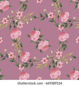 Vintage Floral seamless pattern with Hydrangea and roses, hortensia and anemone, Vintage vector illustration. Classic. pastel color. botanical Illustration watercolor style for textile, wallpaper