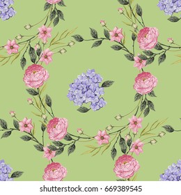 Vintage Floral seamless pattern with Hydrangea and roses, hortensia and anemone, Vintage vector illustration. Classic. pastel color. botanical Illustration watercolor style for textile, wallpaper