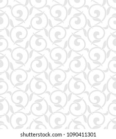 Vintage floral seamless pattern. Intersecting stylized leaves, branches and scrolls forming abstract floral monochrome rapport in Arbesque style. Decorative lattice. White texture.