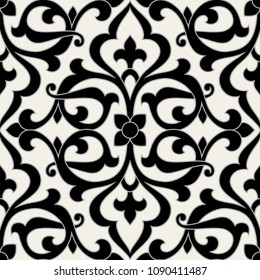 Vintage floral seamless pattern. Intersecting stylized leaves, branches and scrolls forming abstract floral monochrome rapport in Arbesque style. Decorative lattice