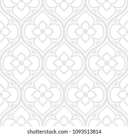 Vintage floral seamless pattern. Intersecting stylized leaves, branches and scrolls forming abstract floral monochrome rapport in Arbesque style. Decorative lattice. White texture.