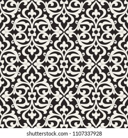 Vintage floral seamless pattern. Intersecting stylized leaves, branches and scrolls forming abstract floral monochrome rapport in Arbesque style. Decorative lattice