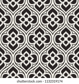 Vintage floral seamless pattern. Intersecting stylized leaves, branches and scrolls forming abstract floral monochrome rapport in Arbesque style. Decorative lattice