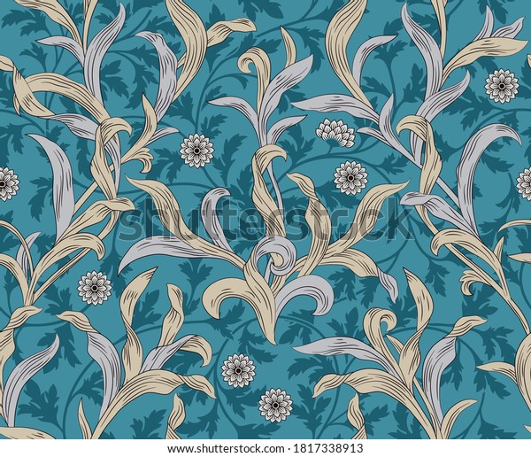 Vintage floral seamless pattern with leaves on blue background. Vector illustration.