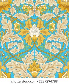 Vintage floral seamless pattern on blue background. Vector illustration.